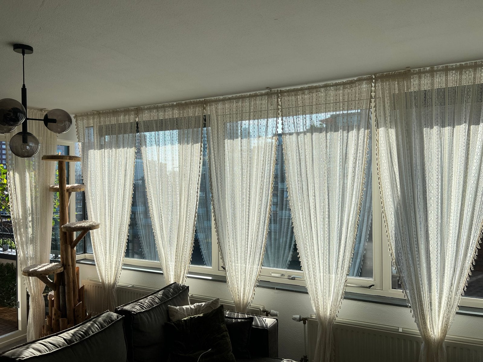 Set van 7 crèmekleurige vitrage gordijnen met kwastjes, Ophalen, 100 tot 150 cm, 200 cm of meer, Beige