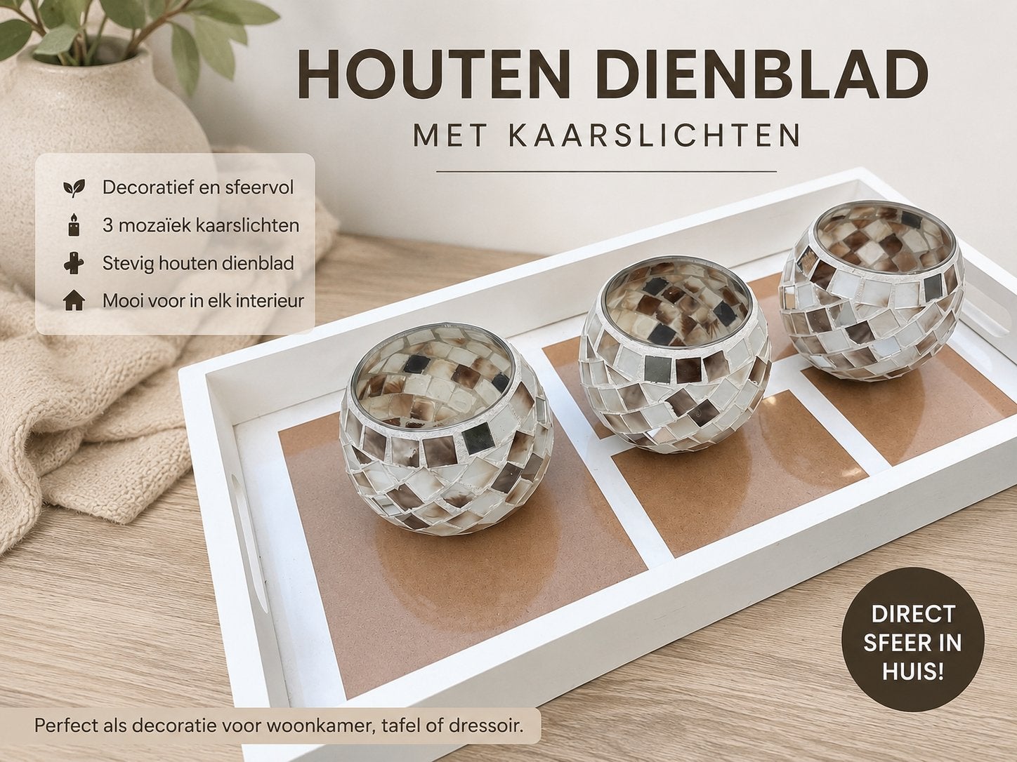 Houten dienblad met 3 mozaïek glazen kaarshouders, Ophalen of Verzenden, Zo goed als nieuw, Rechthoekig, Hout