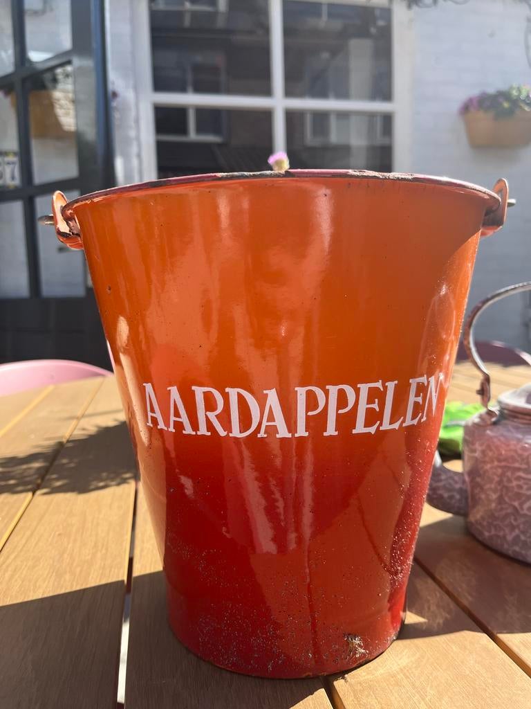 Emaille aardappel emmer oranje in goede staat., Antiek en Kunst, Antiek | Emaille, Ophalen of Verzenden