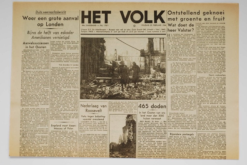 Herdruk: Het Volk 25-02-1944 Bombardement op Nijmegen, Zo goed als nieuw, Verzenden, Amsterdam, Overige soorten