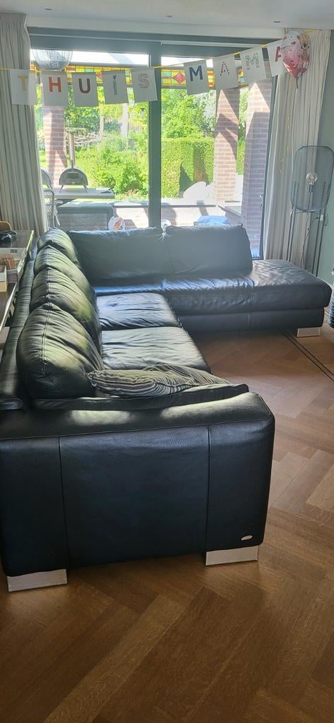 Hoekbank zwart leer, Huis en Inrichting, Ophalen, Gebruikt, Vierpersoons of meer, Leer