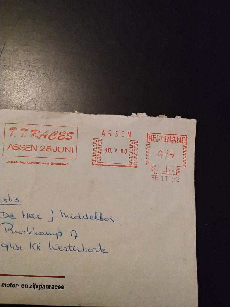 oude envelop tt bureau assen 1980, Ophalen of Verzenden, Gebruikt, Motoren