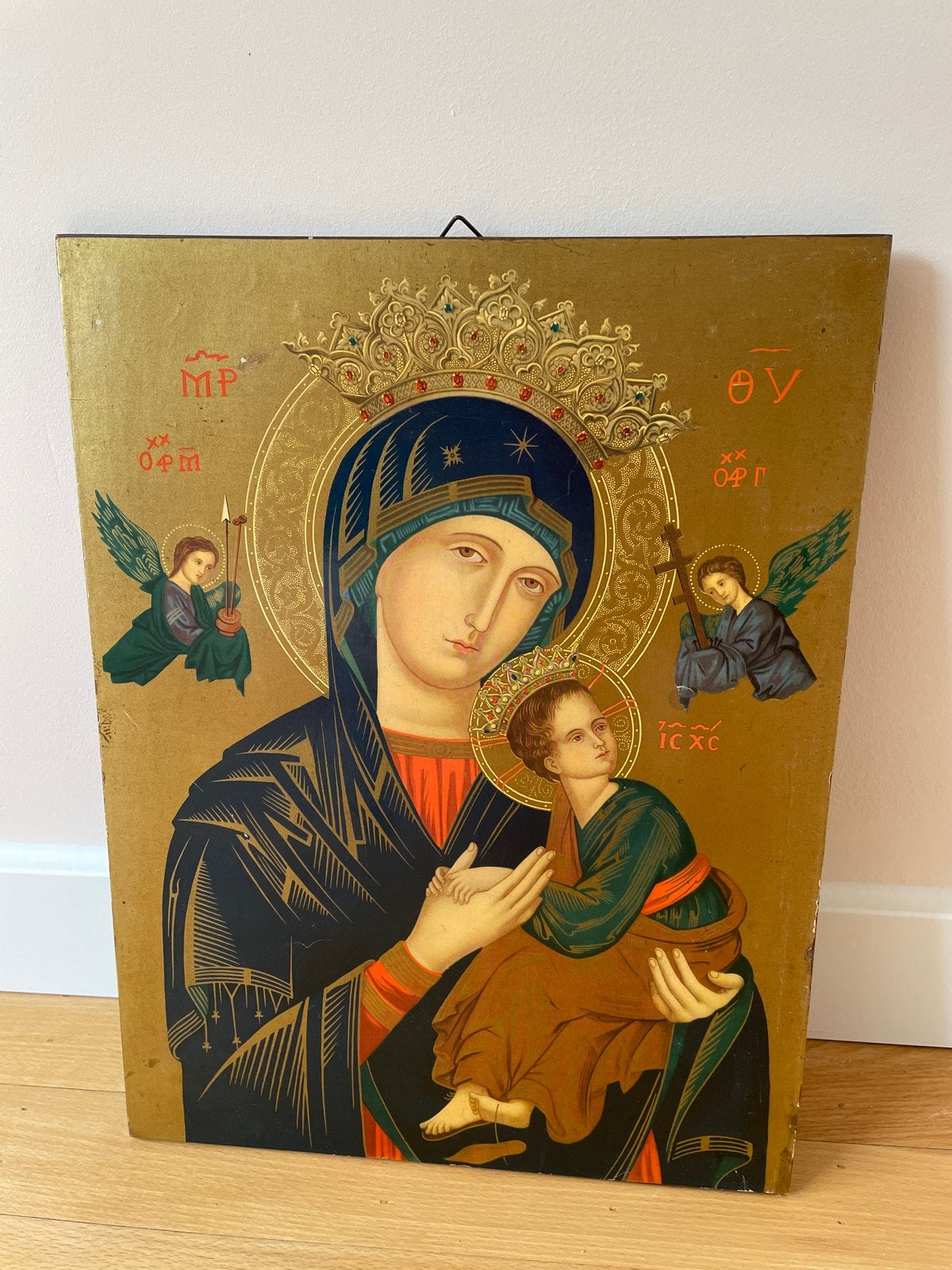 Antiek Mariabeeld Ikoon op Hout - 43x32 cm, Antiek en Kunst, Ophalen