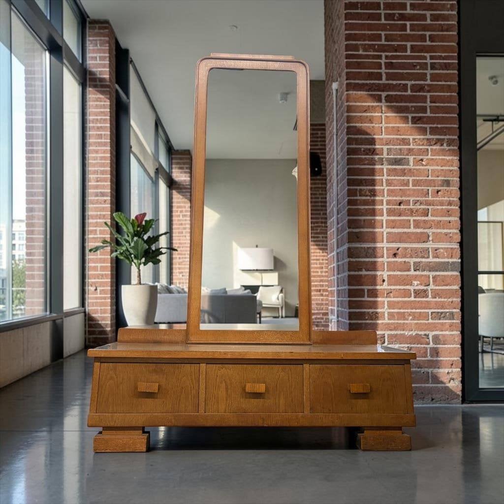Vintage houten lage kast met spiegel / halmeubel, Ophalen, Gebruikt, 50 tot 70 cm, 105 cm of meer