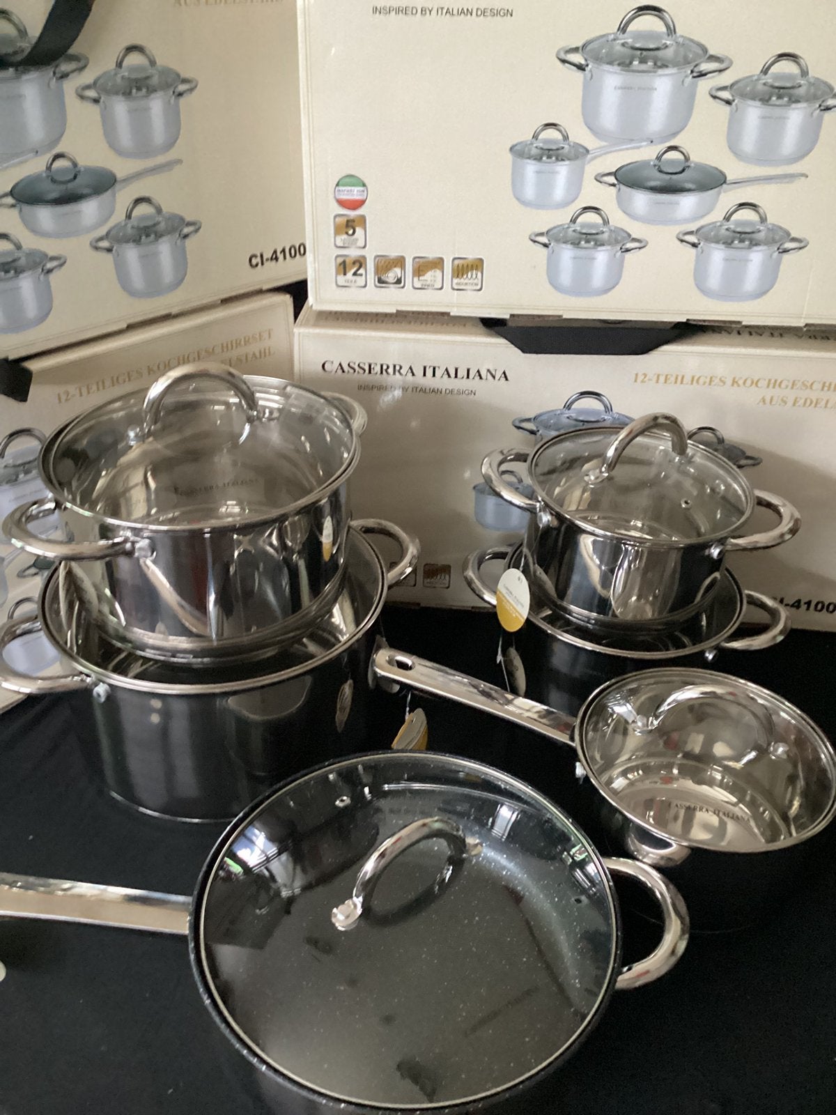 Italiana luxe pannen set 12 delig -rvs-inductie-5 laagsbodem, Ophalen of Verzenden, Nieuw, Rvs, Pannenset