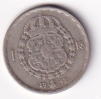 Zweden 1 Krona 1947 met randtikje, Verzenden, Overige landen, Losse munt, Zilver