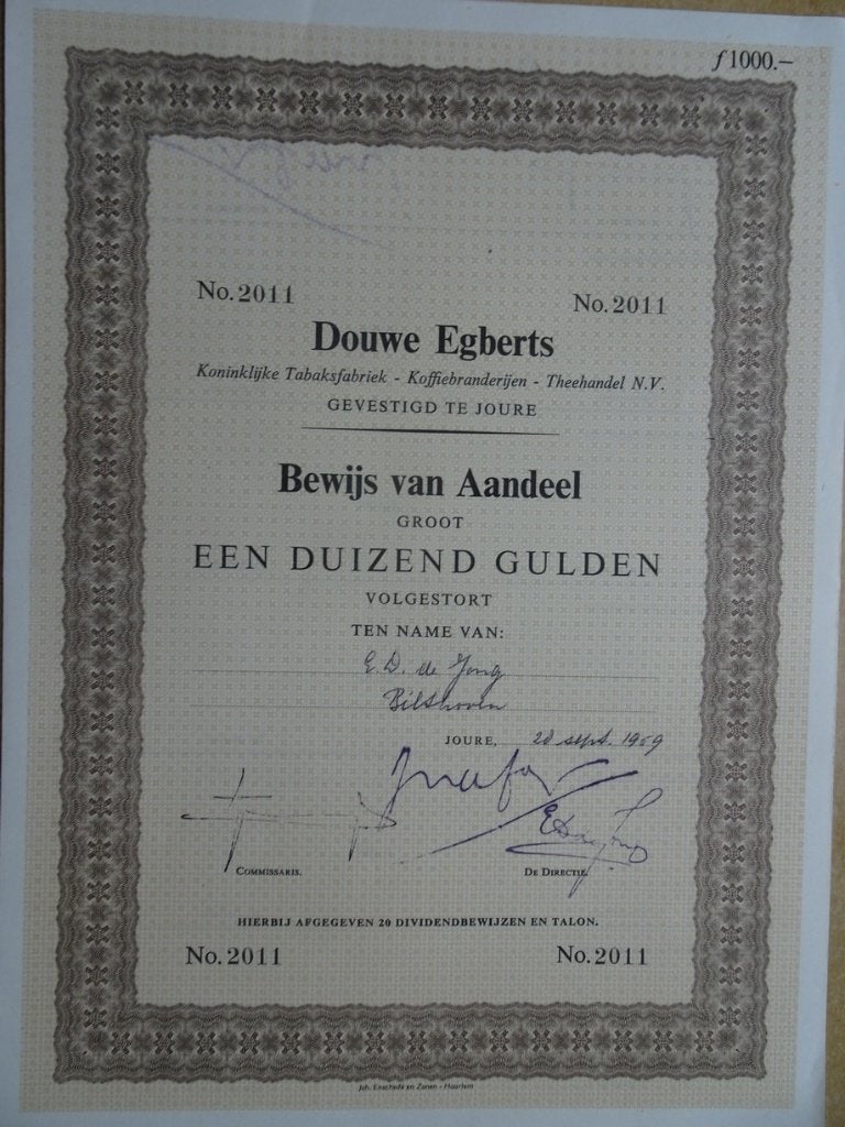 Aandeel Douwe Egberts, Joure 1959 met Nota uit 1931, Ophalen of Verzenden, Aandeel