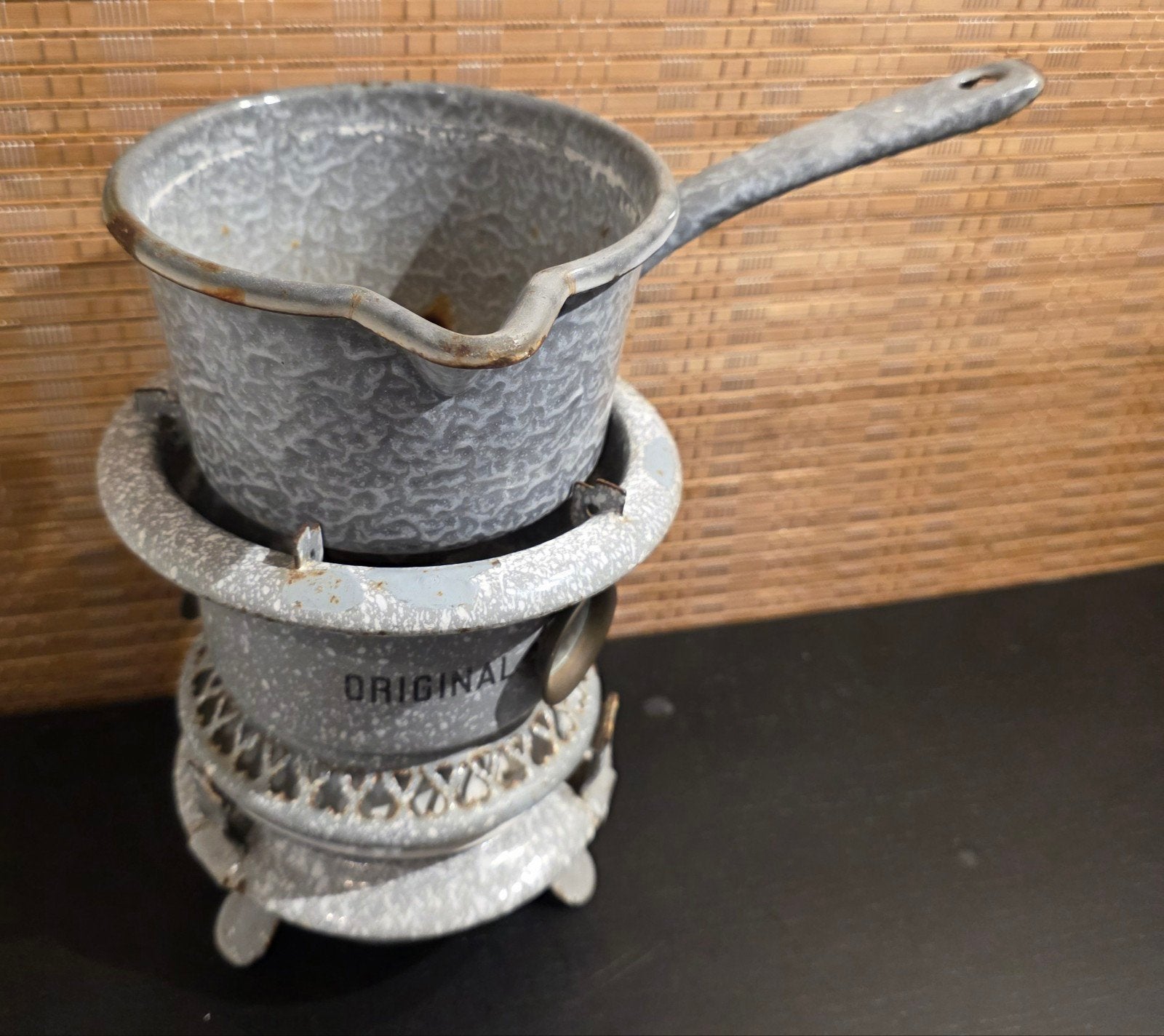 Vintage geëmailleerde pan met brander - 'Original', Antiek en Kunst, Antiek | Emaille, Ophalen of Verzenden
