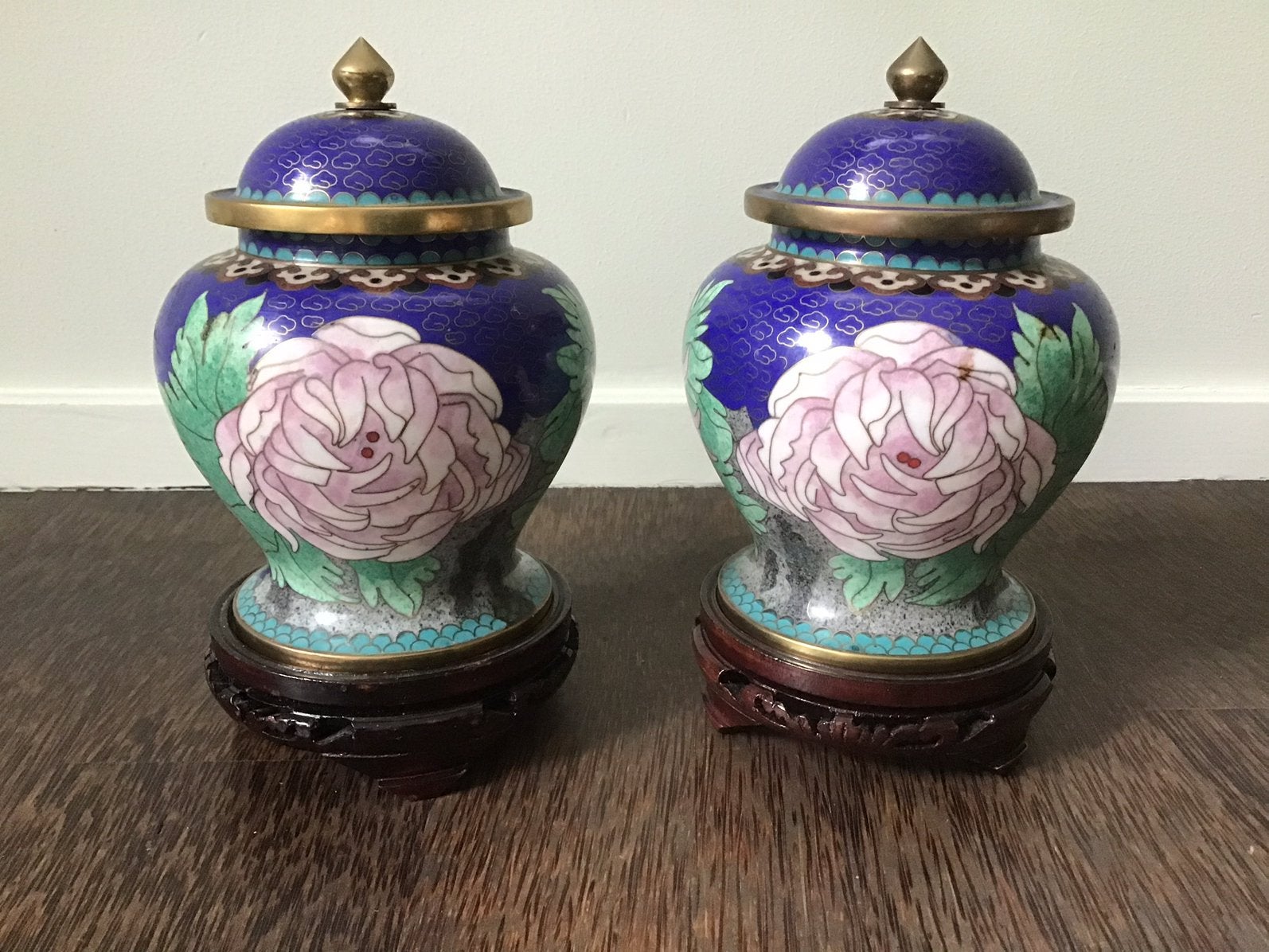 2 Cloisonné gemberpotten op houten standaard, Ophalen of Verzenden