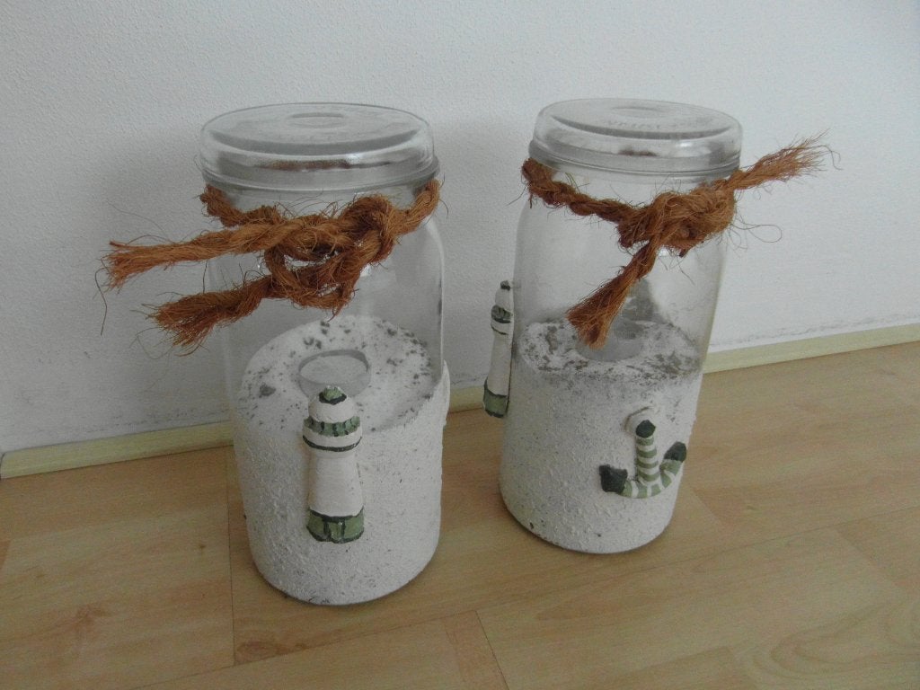 Potten voor kaarsen met afbeelding bootje, anker, vuurtoren, Windlicht, Gebruikt, 26 cm, Wit