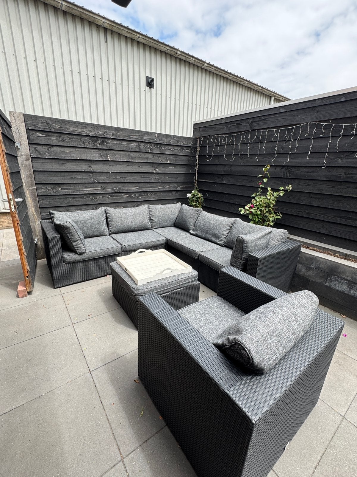 Loungeset hoek zwart met hocker en stoel, Ophalen, Kunststof, 6 zitplaatsen, Loungeset