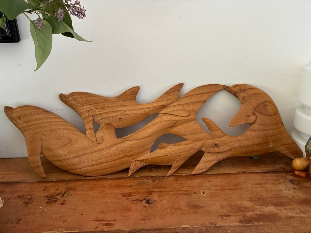 Wandsculptuur wand decoratie dolfijnen hout, Ophalen of Verzenden, Zo goed als nieuw, Rechthoekig, Riet