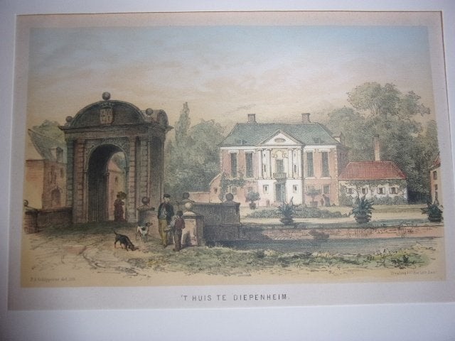 P.A.Schipperus. 't Huis te Diepenheim.1875 Gekl. Litho Fraai, Origineel, 1800 - 1899, 22 cm, Ophalen of Verzenden