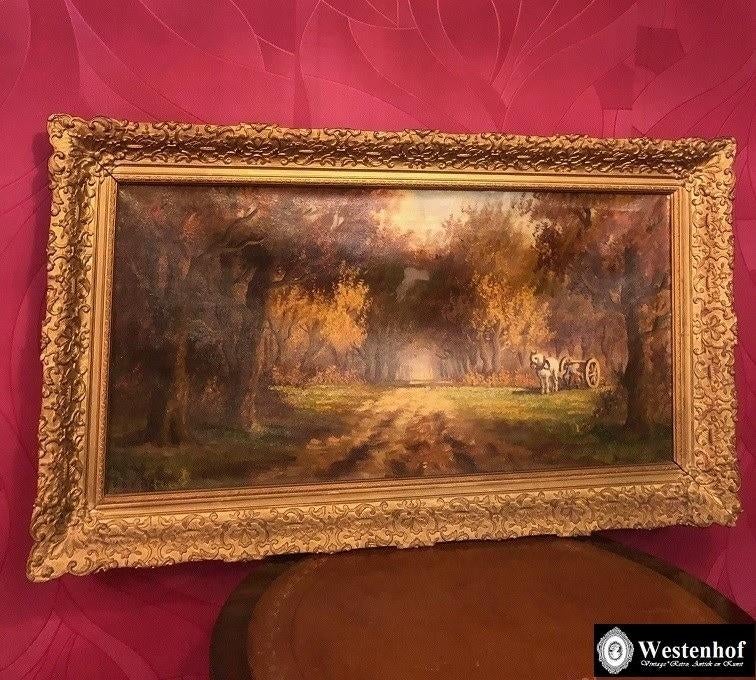 Groot schilderij landschap - paard en kar in de herfst