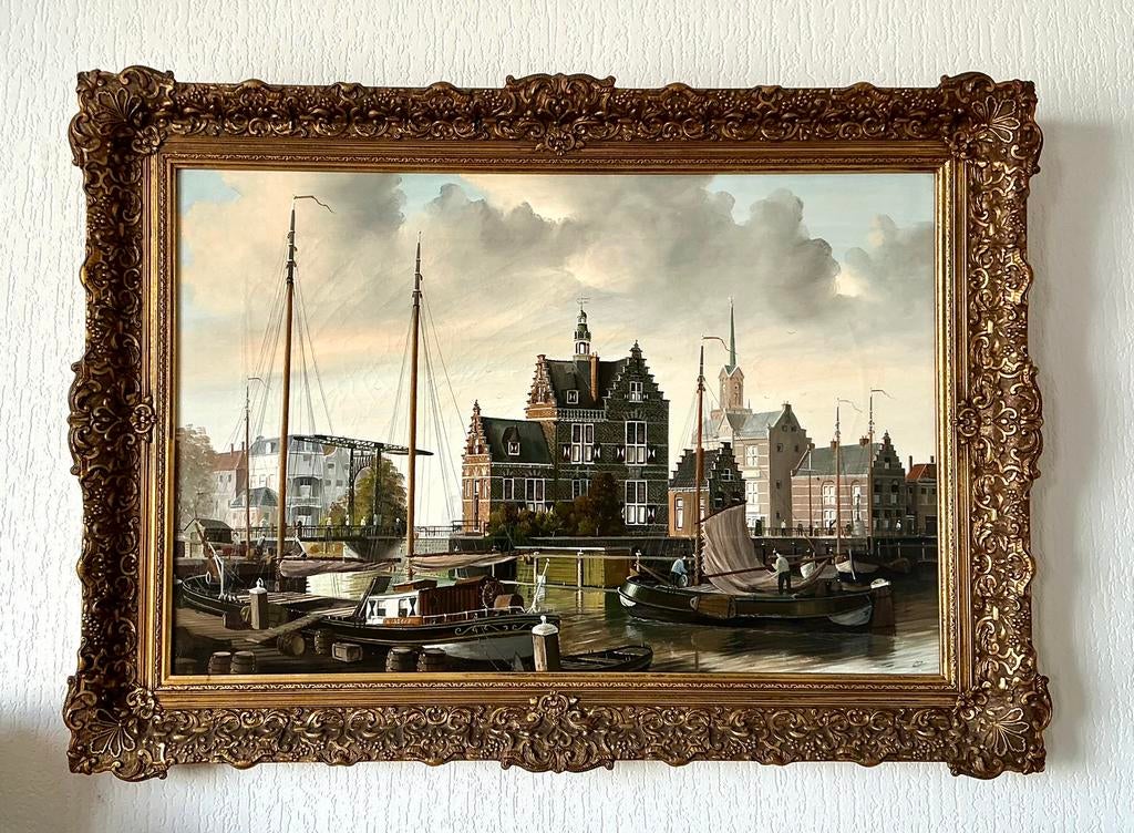 Schilderij Havenkantoor Zaandam, schilder Evert van Berge., Ophalen