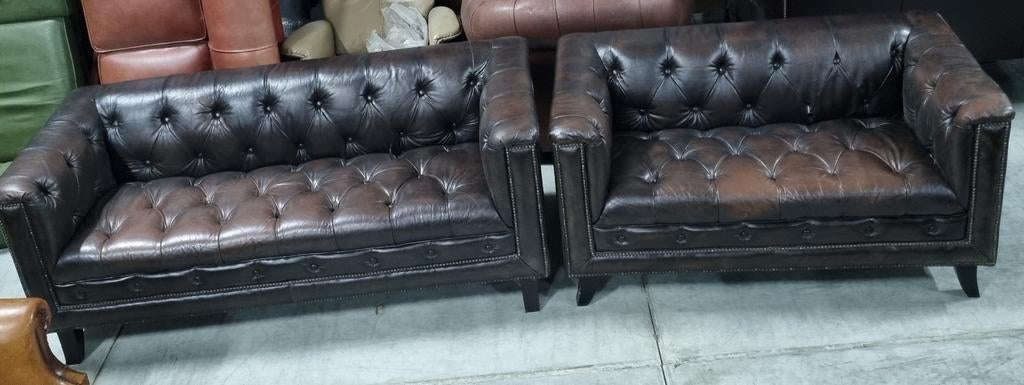 Chesterfield 3+2 bankstel geleefd + BEZORGING GRATIS, Huis en Inrichting, Banken | Bankstellen, Gebruikt, ., Chesterfield, 75 tot 100 cm