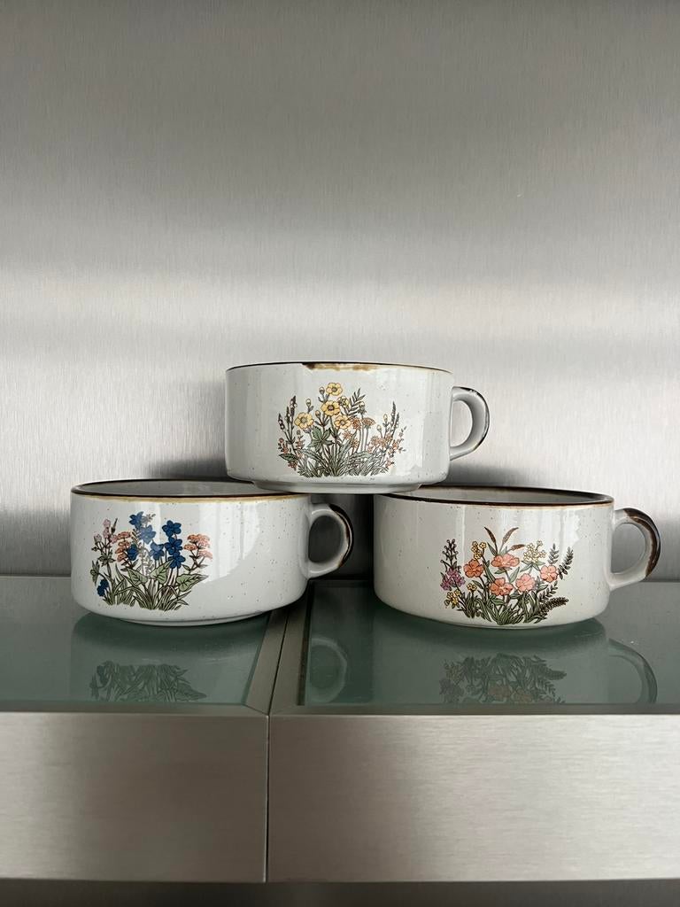 Wildflower servies 3 soepkom soep kom kommen bloemen vintage, Ophalen of Verzenden