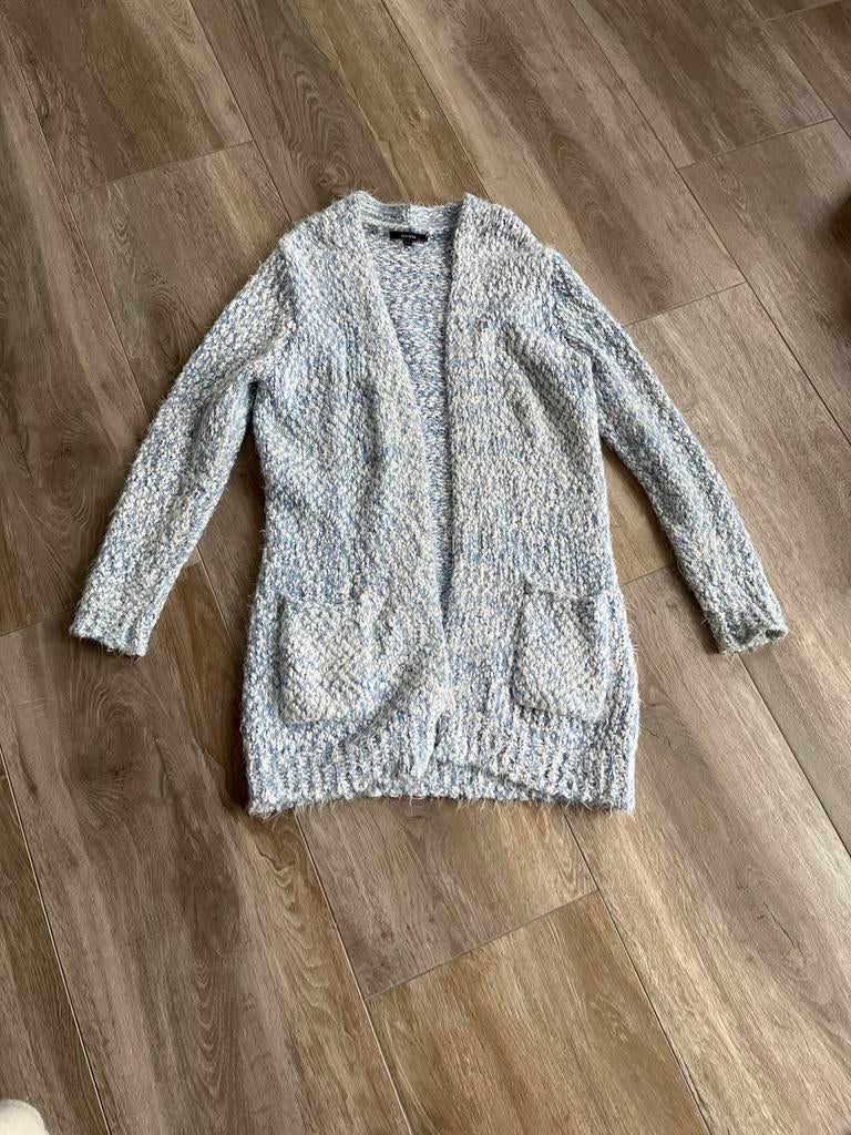 Lang wit met blauw gemeleerd vest met zakjes - Maat S/M, Ophalen of Verzenden, Gedragen, Maat 38/40 (M), Blauw