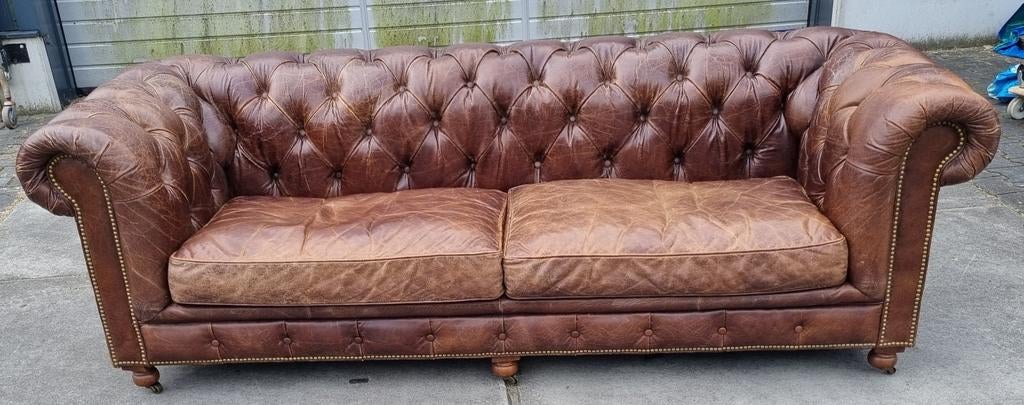 Vintage Chesterfield bank cognac bruin leer + BEZORGING, Gebruikt, ., Chesterfield, Leer