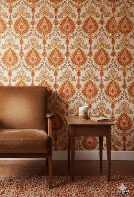 6824 vintage barok bloemen behang warm oranje oker rood, Huis en Inrichting, Stoffering | Behang, Ophalen of Verzenden, Minder dan 10 m²