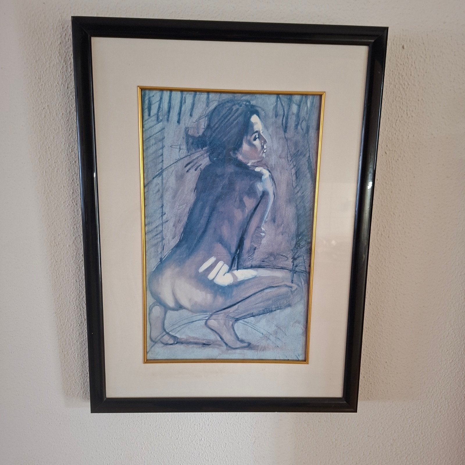 Ingelijste pasteltekening van naaktfiguur, Antiek en Kunst, Portret of Personen, Realistisch, Papier, Pastel