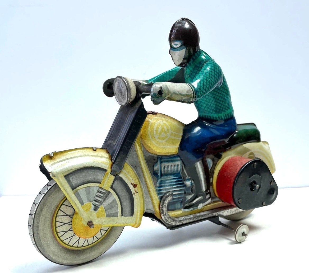 Vintage blikken speelgoedmotor met coureur, Ophalen of Verzenden
