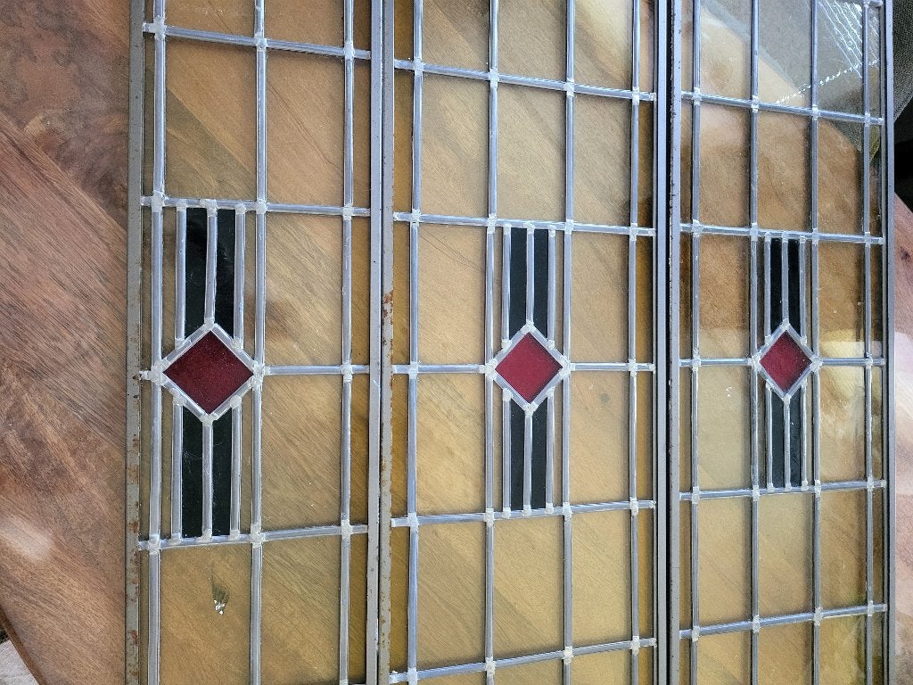 Set van 3 Glas-in-Lood Bovenlichten – Jaren 30 / Art Deco, Ophalen, Gebruikt