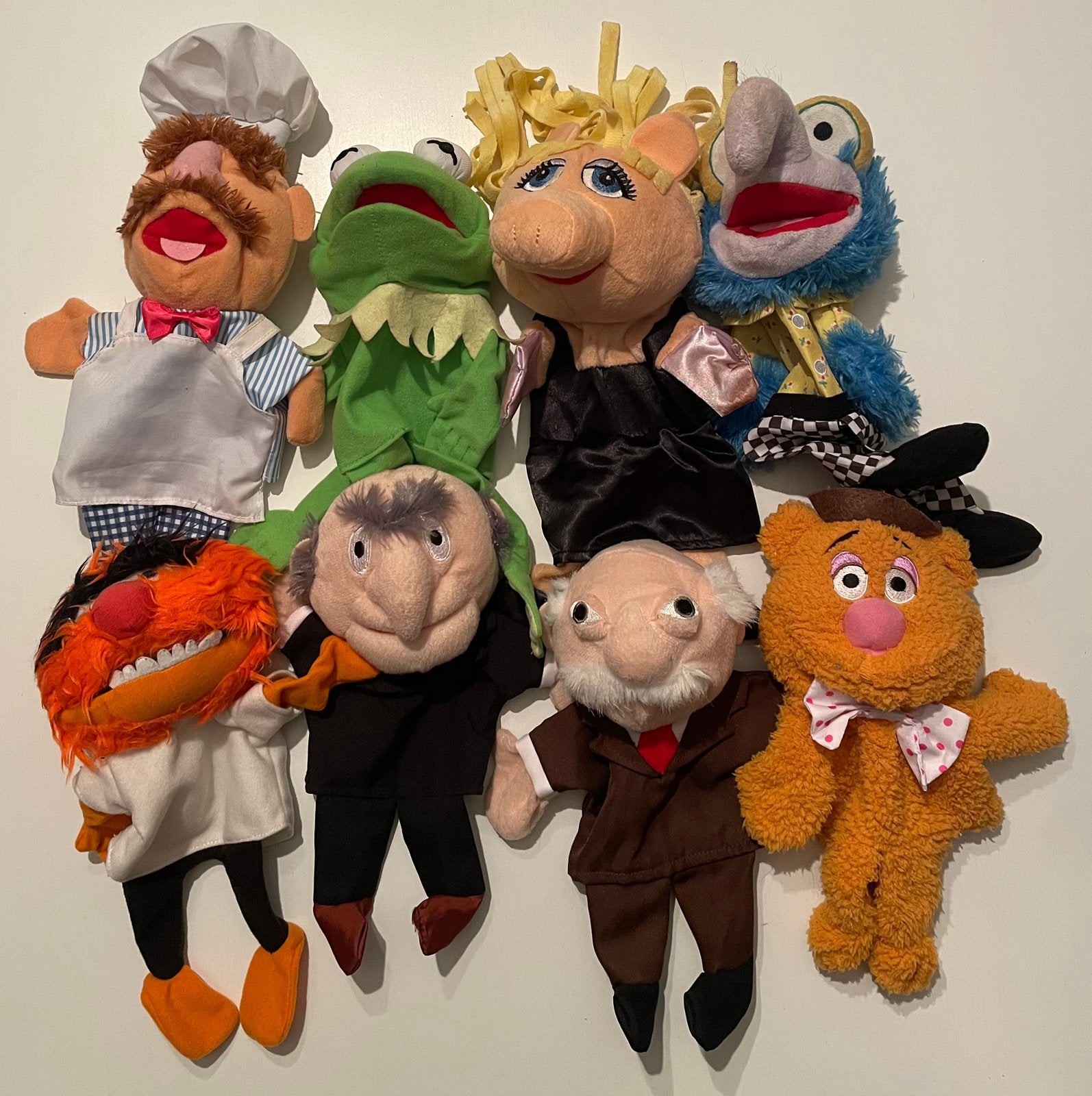 Complete set 8 Muppet handpoppen Kermit Miss Piggy oude man, Ophalen of Verzenden, Zo goed als nieuw, Actiefiguur of Pop