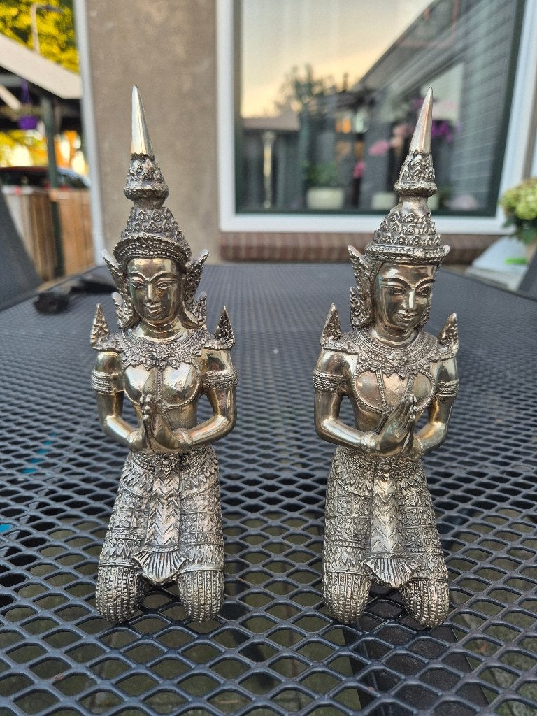 2 Brons verzilverde Thaise Tempelwachters beelden man vrouw., Antiek en Kunst, Ophalen of Verzenden
