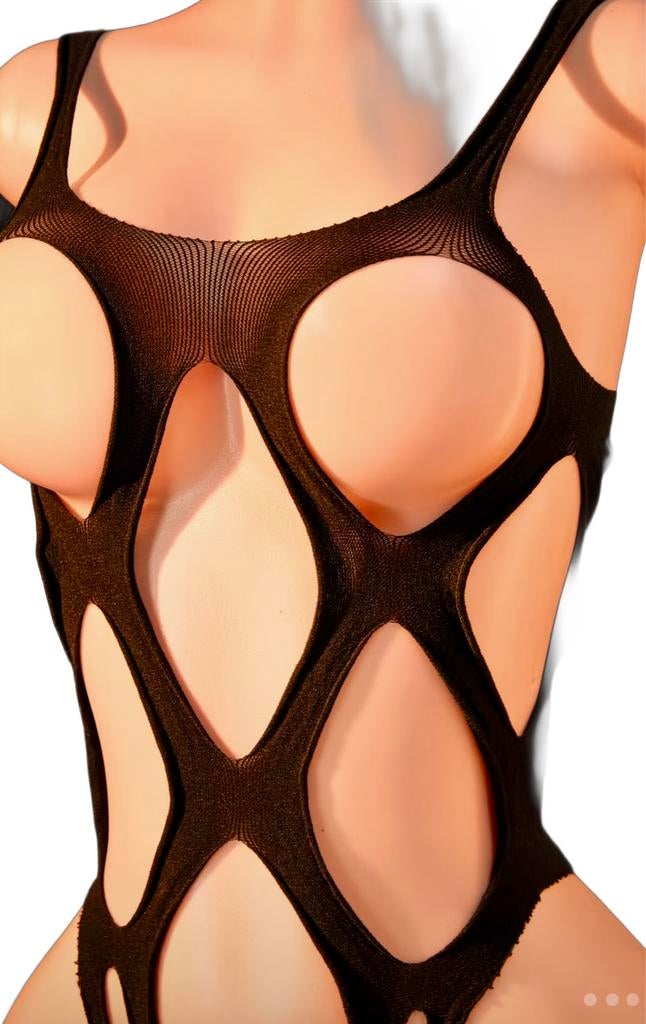 Verleidelijke Plus Size Bodysuit met Grote Gaten en Visnet, Ophalen of Verzenden, Zwart, Body of Korset