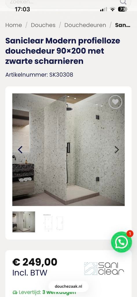 Saniclear Modern profielloze douchedeur 90x200 met zwarte s, Ophalen, Nieuw