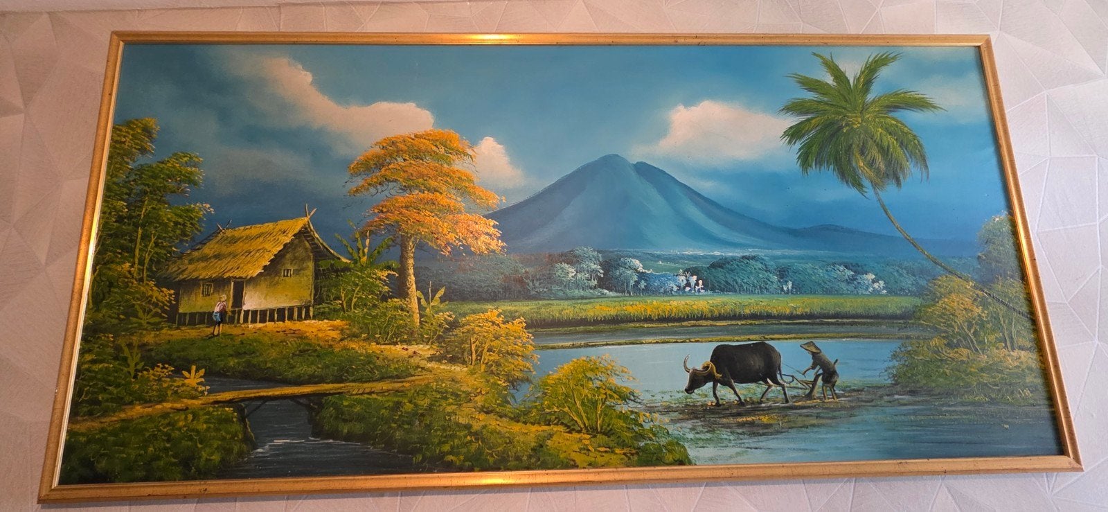 Indonesisch schilderij 80 x 164cm zie omsch., Antiek en Kunst, Ophalen