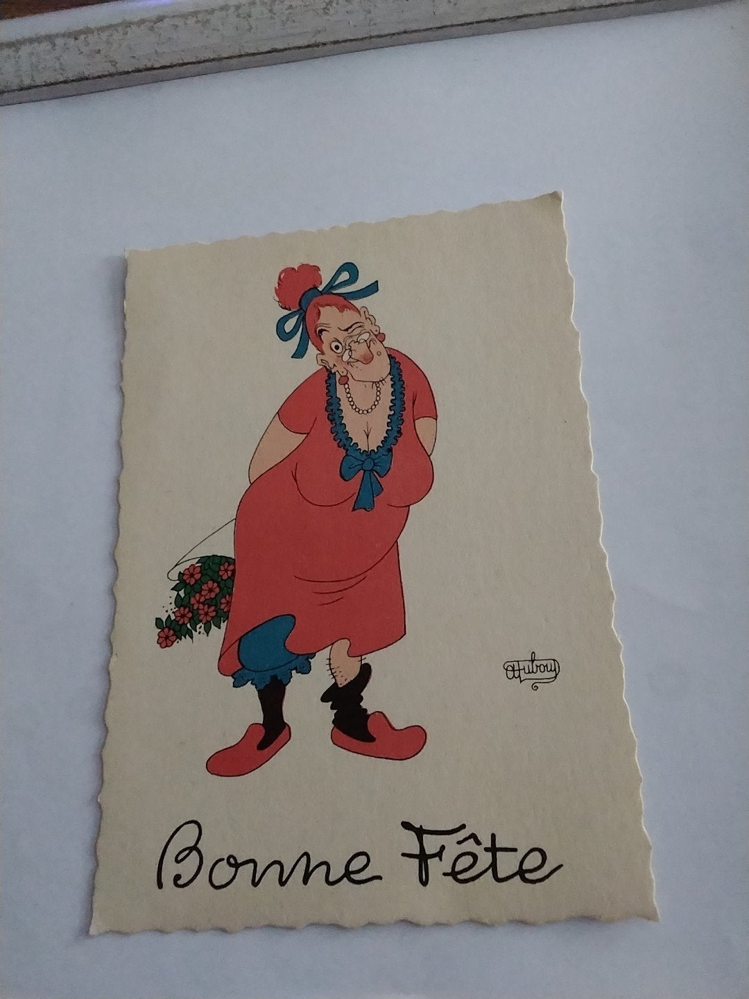Vintage Ansichtkaart 'Bonne Fête' - Grappige Dame, Ophalen of Verzenden, 1940 tot 1960, Overige thema's