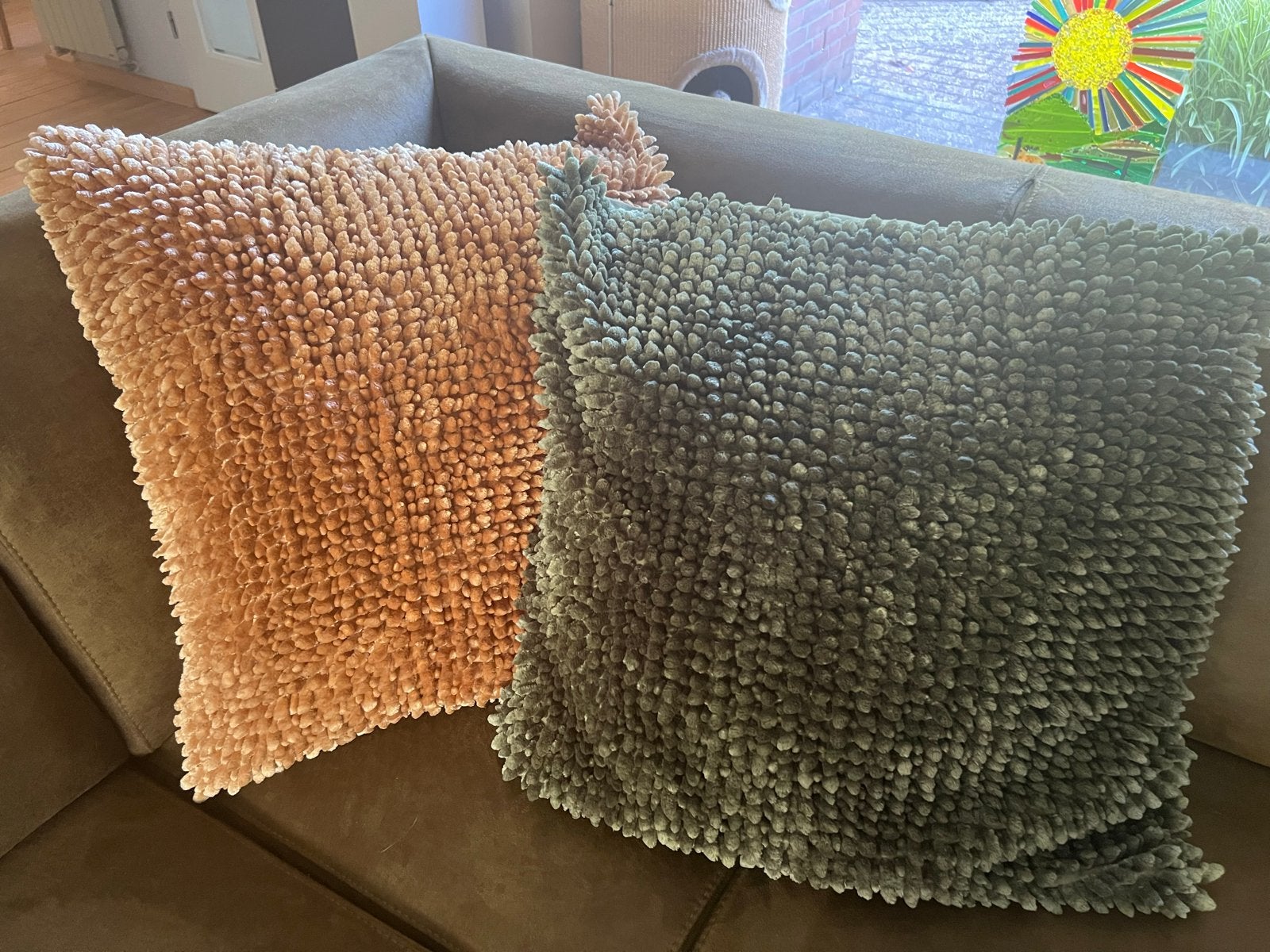 6x Unique Living Sierkussens 60x60 cm - groen en Okergeel, Ophalen, Inclusief binnenkussen, Vierkant, Nieuw