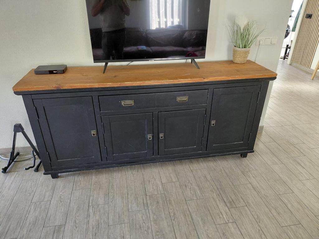 Steigerhouten dressoir - 200x50cm - Zwart met houten blad, Gebruikt, 150 tot 200 cm, Ophalen of Verzenden, Overige houtsoorten