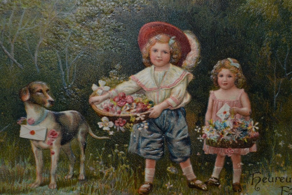 frankrijk 1908 relief meisje jongen hond manden bloemen, Ophalen of Verzenden, Voor 1920, Gelopen, Sterren en Beroemdheden