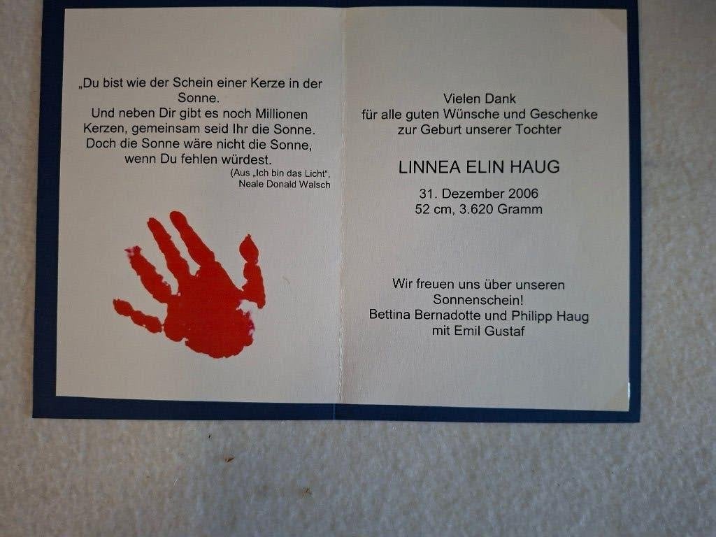 Bedankje geboorte  mainau zweden, Ophalen of Verzenden, Gebruikt, Buitenland, Kaart, Foto of Prent