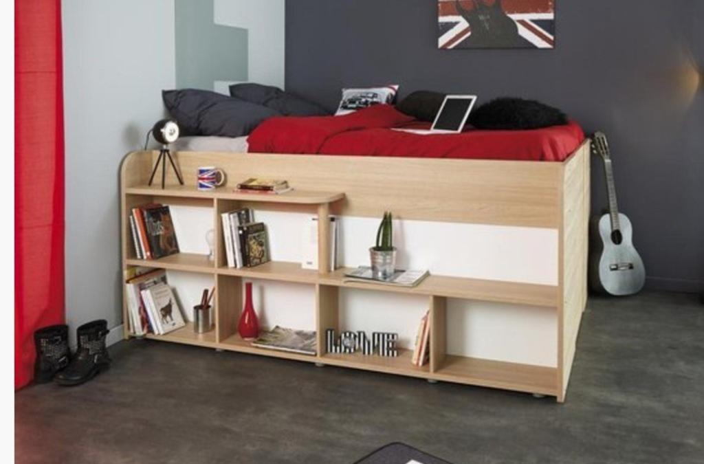 Leenbakker bed with storage space and bookshelf, Huis en Inrichting, Slaapkamer | Bedden, Ophalen, Beige, Tweepersoons, 140 cm