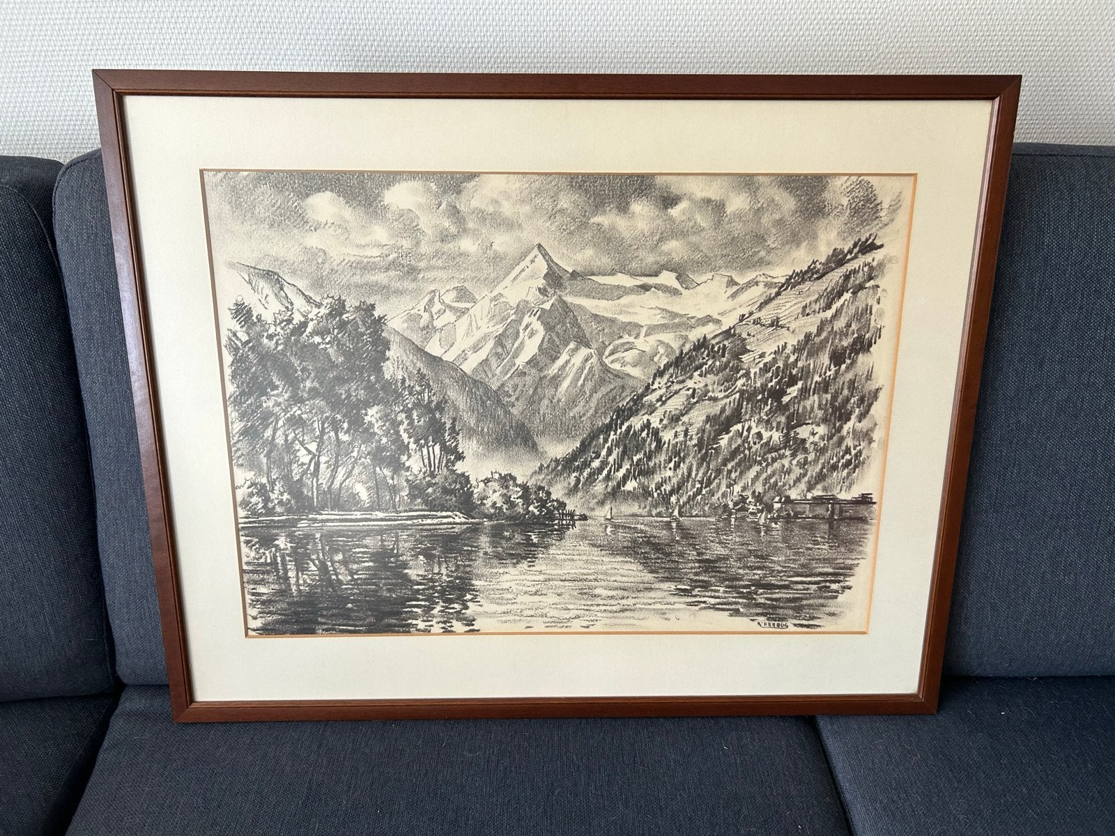 Ingelijste potloodtekening van berglandschap, gesigneerd, Ophalen, Tekening, Potloodtekening, Gesigneerd