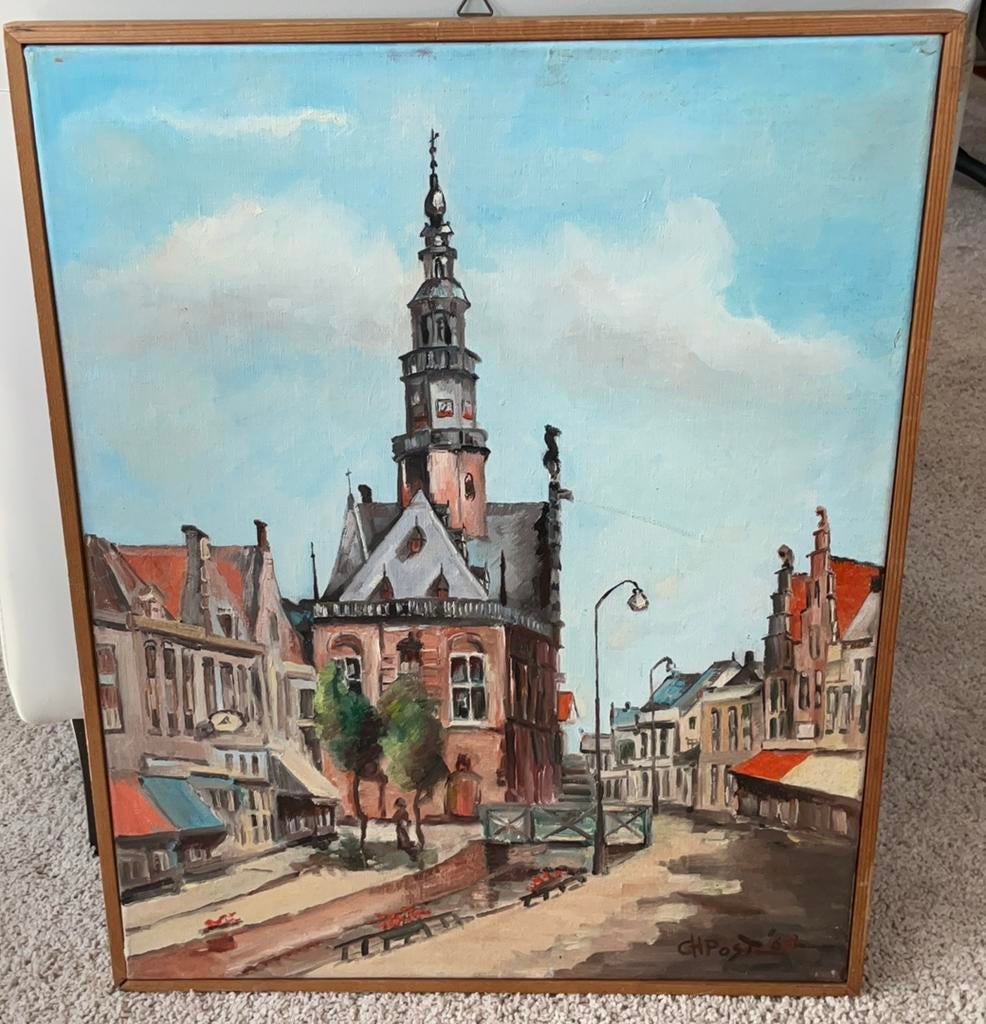 Schilderij olieverf Bolsward 1968 G.H.Post, Rabohuis” 50 x40, Ophalen of Verzenden