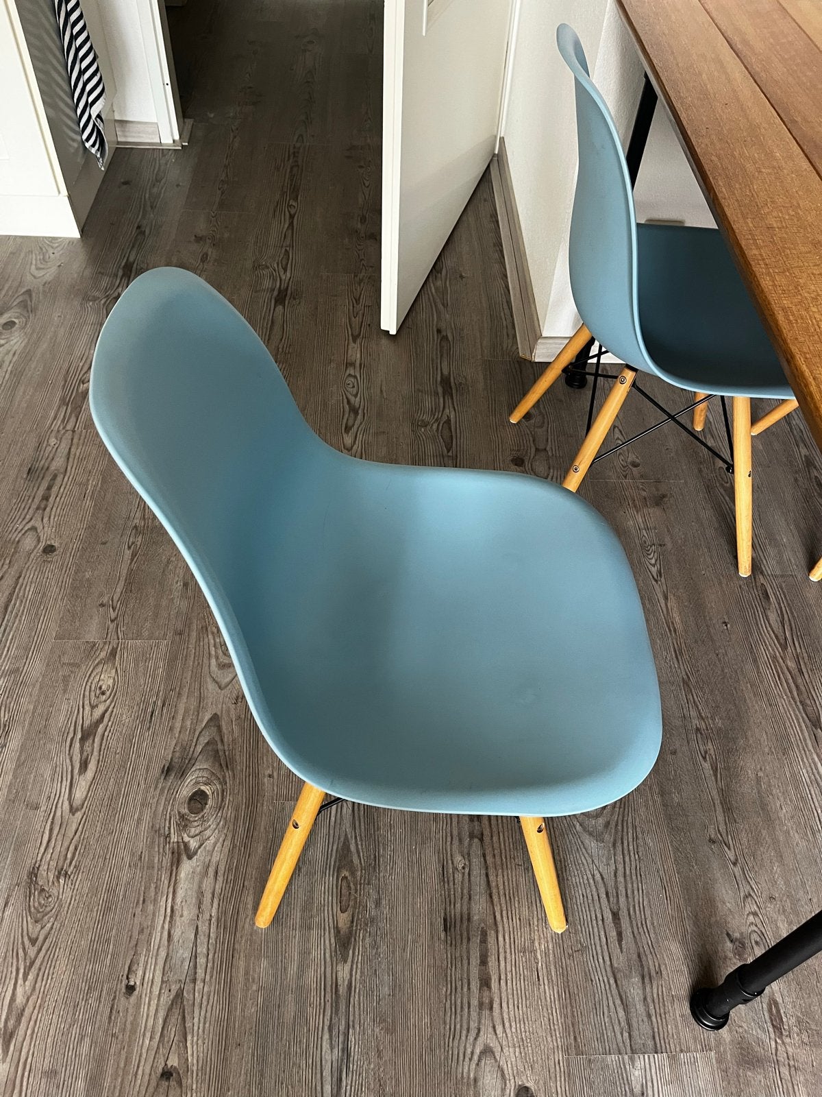 Set van 4 blauwe eetkamerstoelen, Ophalen, Kunststof, Gebruikt, Blauw
