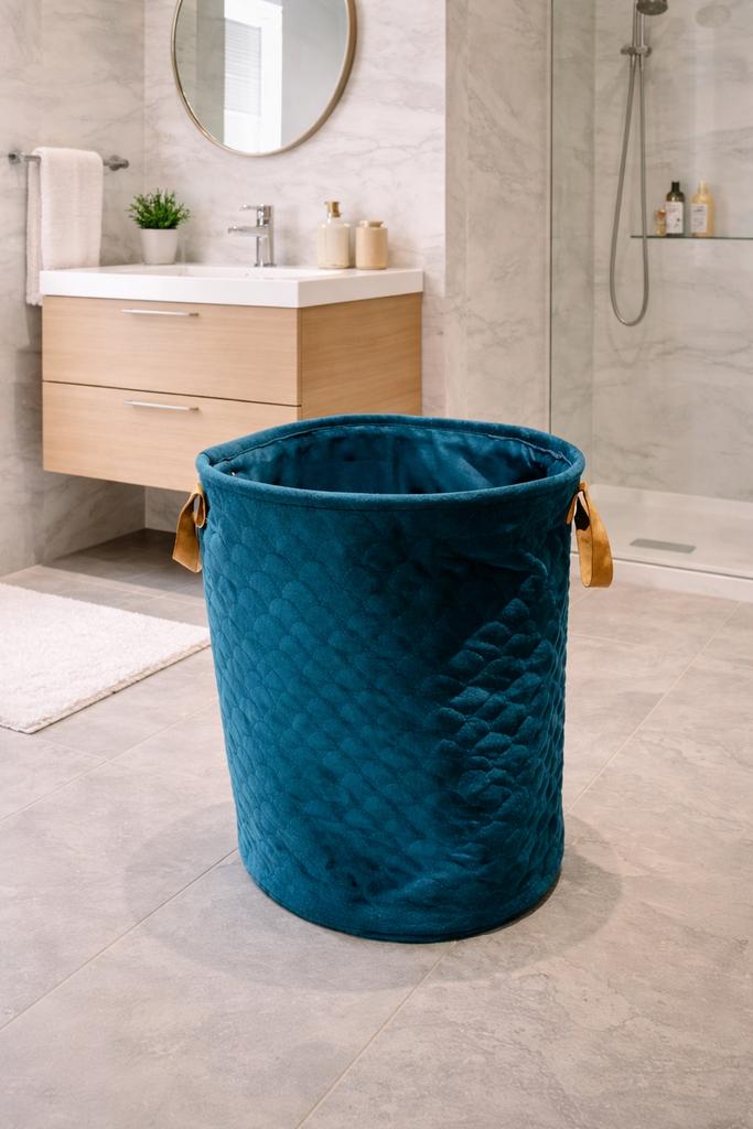 Groen velourse wasmand met bruine handvatten;, Ophalen, Zo goed als nieuw, Groen, Overige typen
