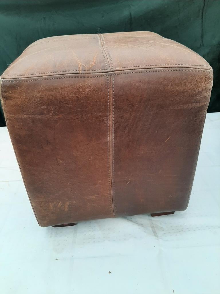 Vintage leren poef, Ophalen, Rond, Minder dan 50 cm, Minder dan 50 cm