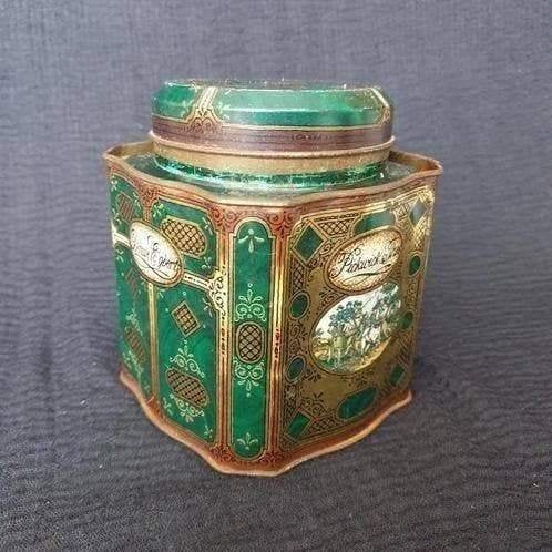 Vintage D.E. PICKWICK groen/gouden theeblik, Ophalen of Verzenden, Gebruikt, Thee, Pickwick
