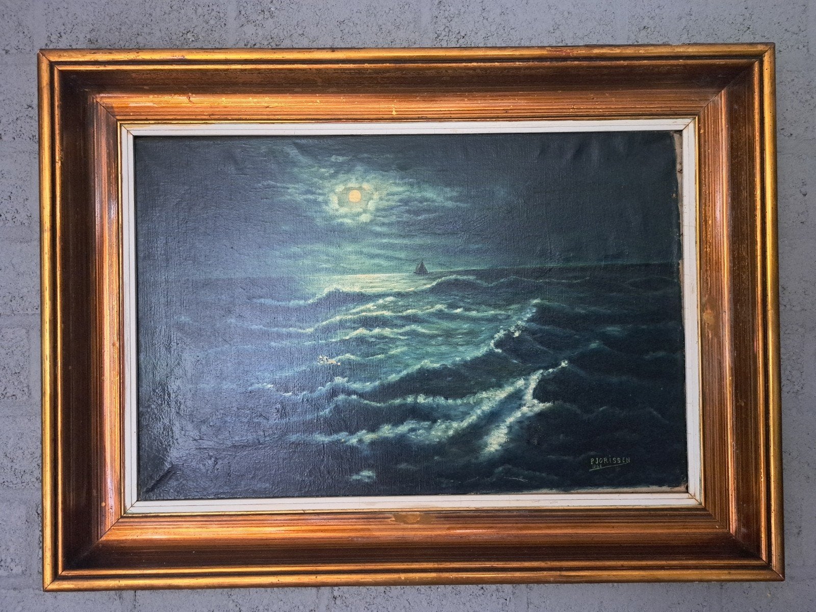 Schilderij van P.J. Orissen: Nachtelijk Zeegezicht, 1946, Antiek en Kunst, Kunst | Schilderijen | Klassiek, Maritiem / water, Realistisch