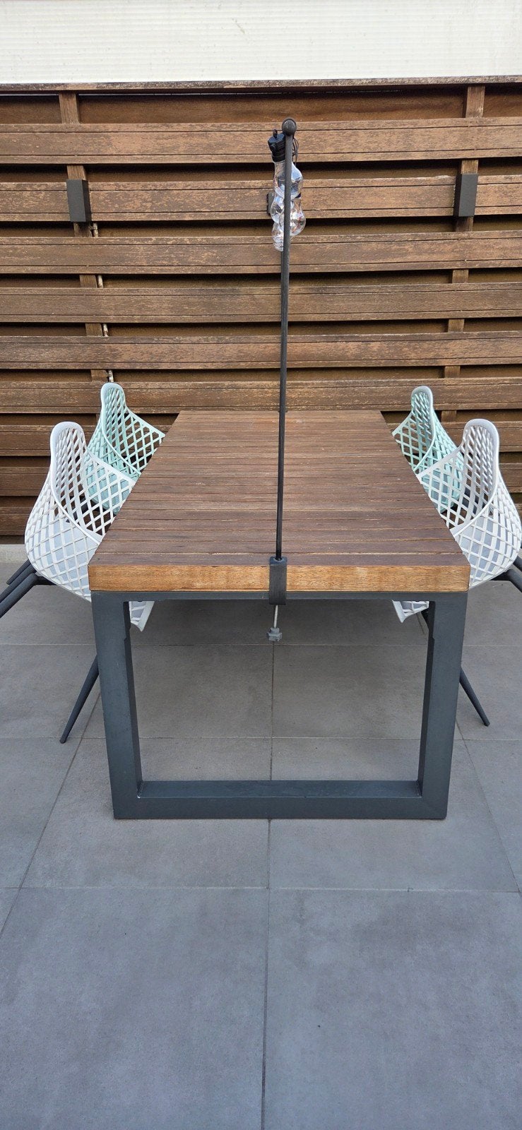 Houten tuinset met 4 stoelen (mintgroen & wit), Ophalen, 4 zitplaatsen, Kunststof, Gebruikt