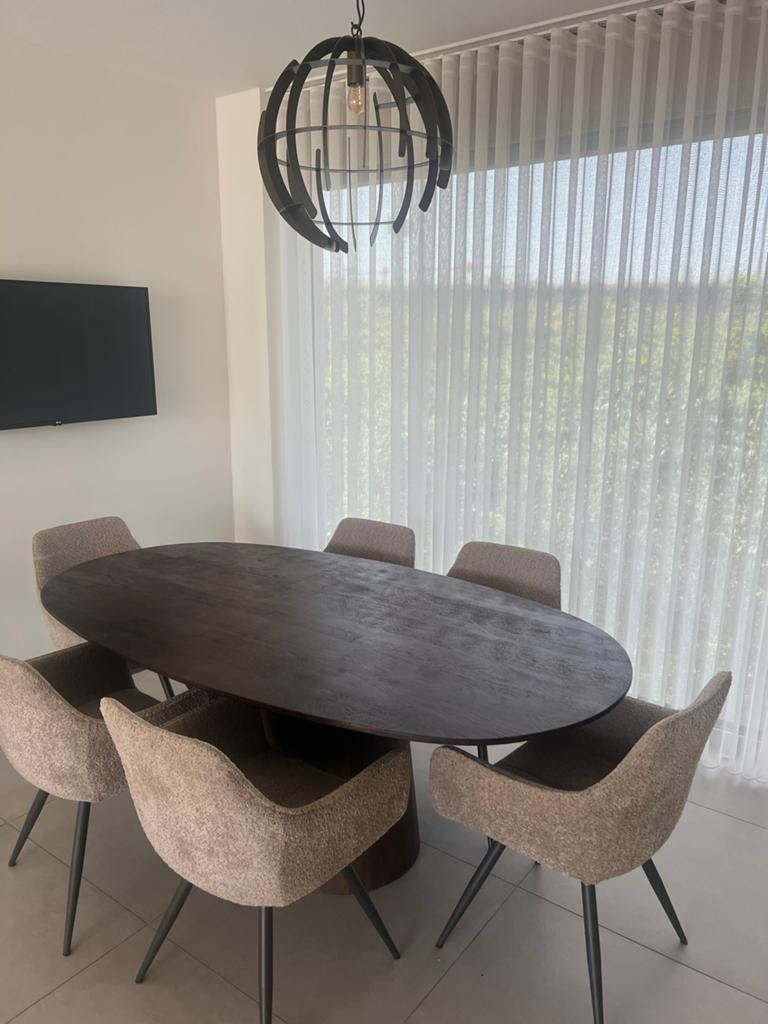 Eettafel brown Aron met 6 bouclé stoelen, Ophalen, 100 tot 150 cm, Zo goed als nieuw, Vijf personen of meer