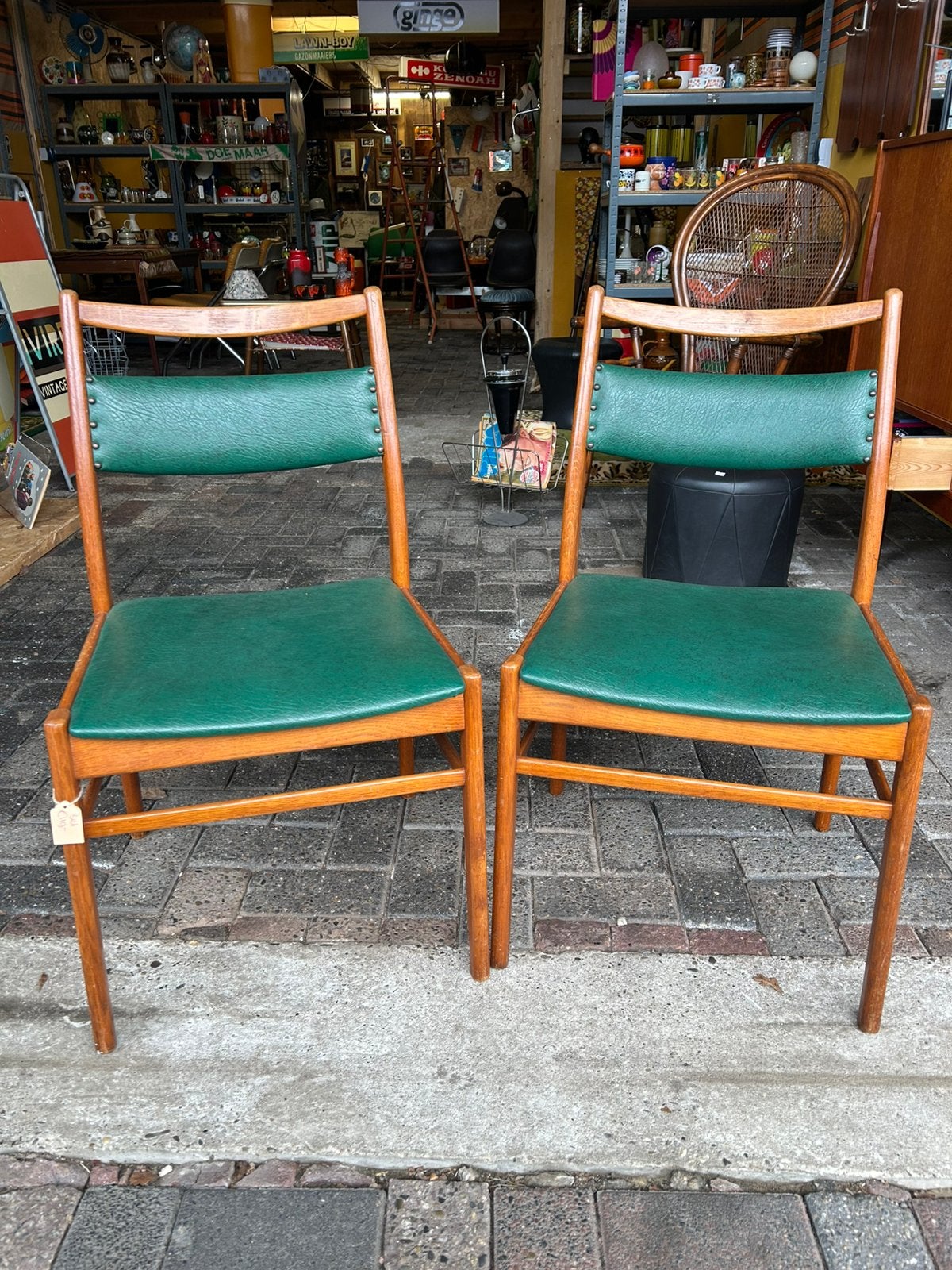 2 vintage jaren 60 teak houten deense stoelen, groen, Ophalen, Twee, Vintage, ?