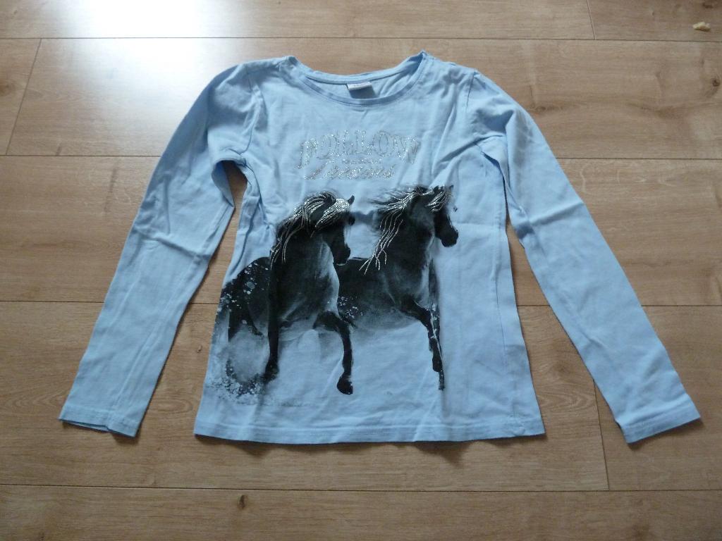 Shirt lange mouwen lichtblauw met paarden maat 134/140, Ophalen of Verzenden, Zo goed als nieuw, Meisje, Shirt of Longsleeve