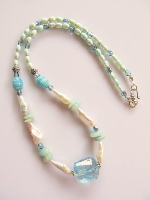 Ketting Bobby-Jo glas-parels-kwarts-amazoniet zilver, Ophalen, Nieuw, Zilver, Met edelsteen